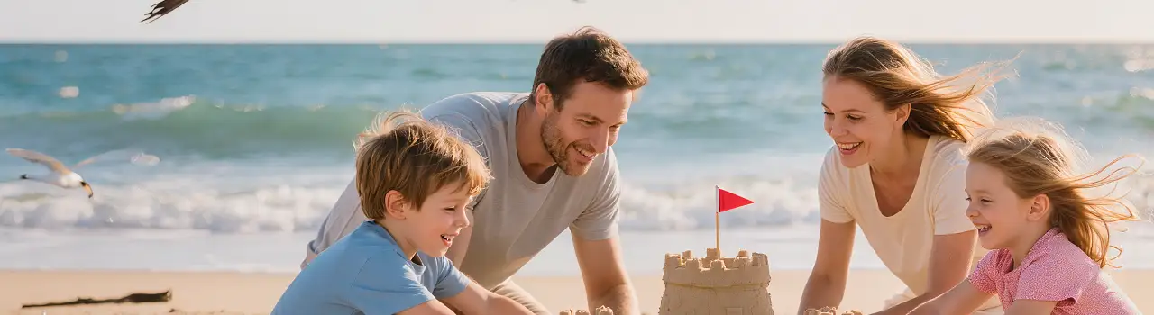 Gl&uuml;ckliche Familie mit zwei Kindern baut eine Sandburg an einem sonnigen Sandstrand