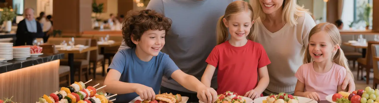 Familie mit Kindern am reichhaltigen Buffet eines All Inclusive Restaurants