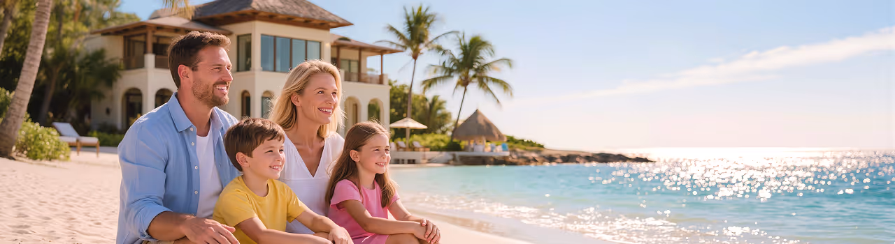 Familie im Pauschalreise Familienurlaub am Strand vor einem modernen Urlaubsresort