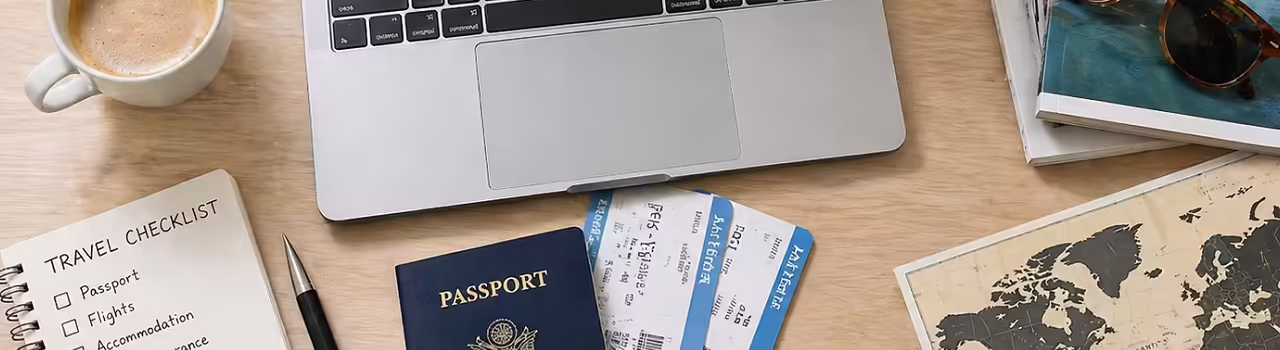 Pauschalreise Checkliste mit Laptop Reisepass und Reiseunterlagen