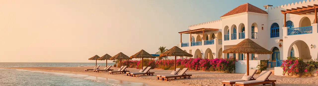Weiter Sandstrand in Hammamet mit traditionellem tunesischen Hotel im Hintergrund, ideal f&uuml;r All Inclusive Urlaub Tunesien