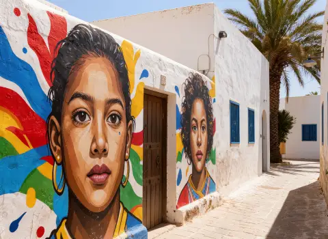 Bunte Streetart an einer Hauswand in Djerbahood