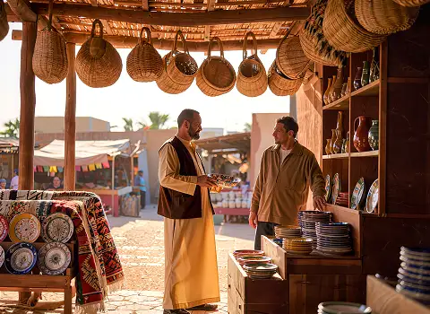 Bunter Markt in Houmt Souk auf Djerba mit T&ouml;pferwaren und Textilien.