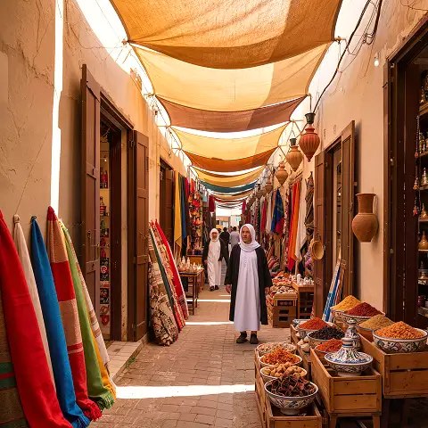 Bunter Markt in Houmt Souk mit Gew&uuml;rzen, T&ouml;pferwaren und Teppichen.