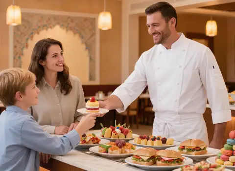 Buffet mit vielen bunten Speisen in einem All Inclusive Hotel, an dem sich eine Familie bedient