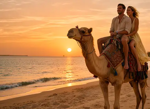 Kamelreiten am Strand von Hammamet bei Sonnenuntergang als Ausflugstipp