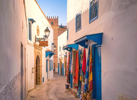 Enge Gassen der Medina von Hammamet mit bunten Waren