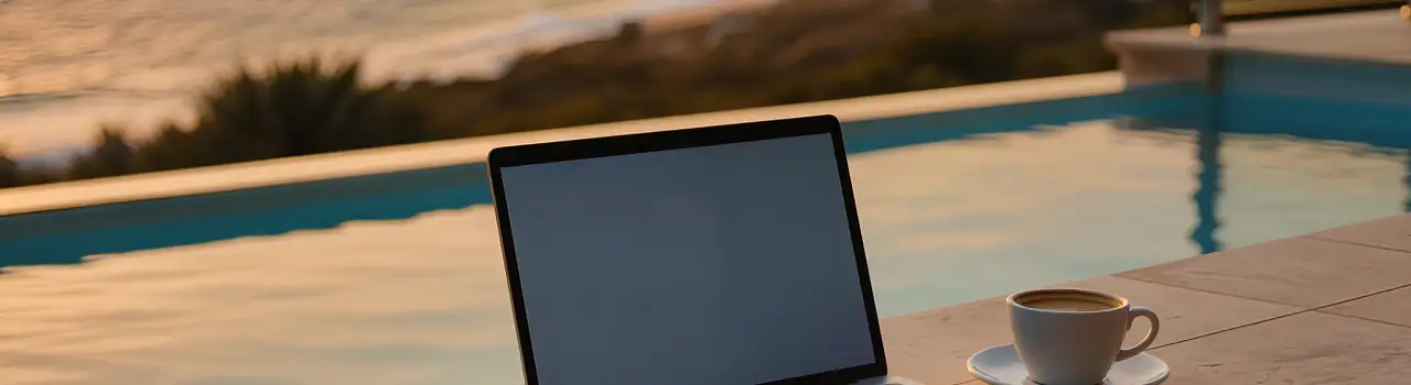 Laptop auf einer Terrasse mit Blick aufs Meer in Tunesien, Arbeit und Urlaub vereint