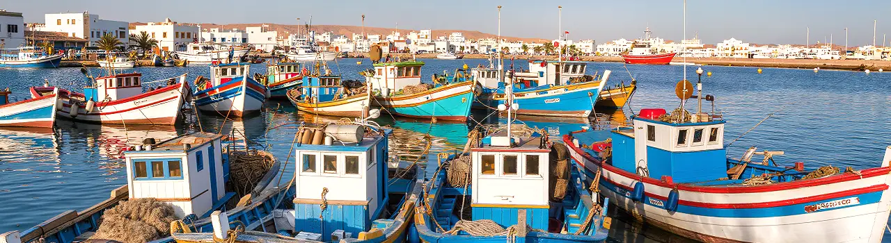 Farbenpr&auml;chtige traditionelle Fischerboote im Hafen von Mahdia mit Blick auf die K&uuml;ste