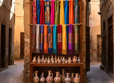 Bunte Stoffe und handgefertigte Keramik auf dem traditionellen Markt in der Medina von Mahdia