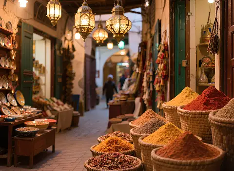 Bunte orientalische Marktszene in der Medina von Monastir mit Gew&uuml;rzen und Keramik