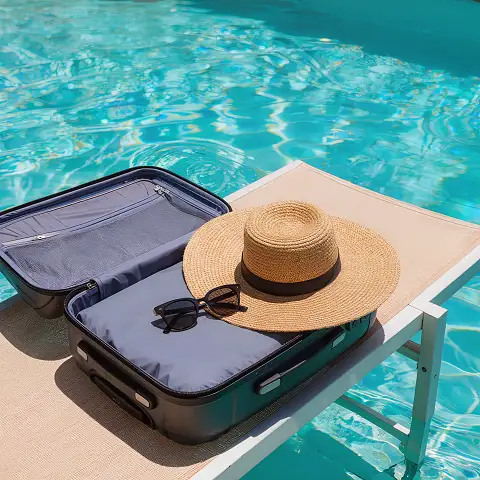 Koffer und Sonnenbrille am Pool, Symbol f&uuml;r Last Minute Monastir Urlaub