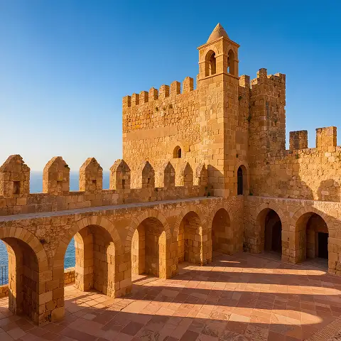 Historische Ribat Festung Monastir aus dem 8. Jahrhundert mit Wehrturm und Meerblick