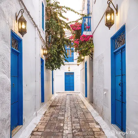 Enge Gasse mit wei&szlig;en Haeusern und blauen Tuerchen in der Medina von Hammamet.