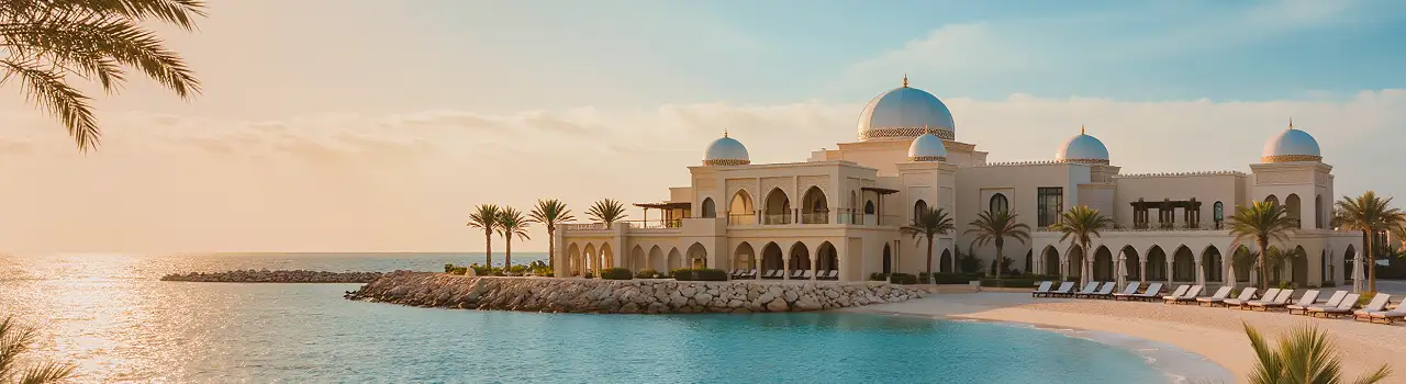 Weitl&auml;ufiges Luxushotel an einem tunesischen Sandstrand mit Palmen und t&uuml;rkisblauem Meer.