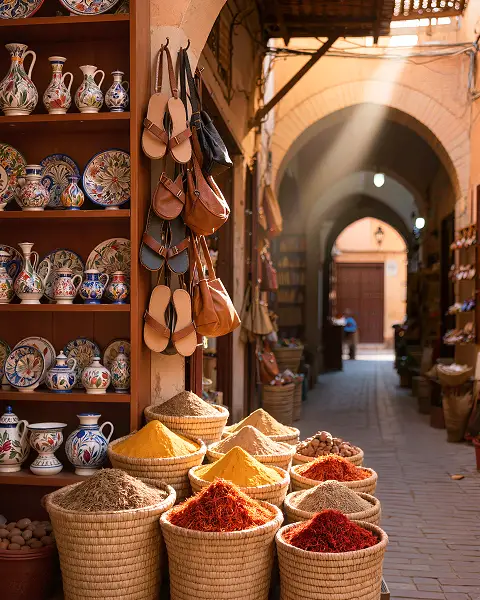Bunte Gew&uuml;rze und kunsthandwerkliche Waren auf dem traditionellen Markt in der Medina von Sousse